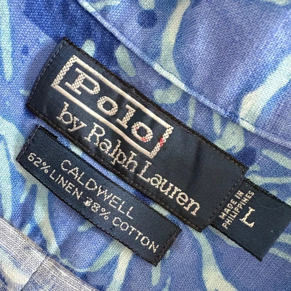 Polo Ralph Lauren Caldwell Shirt Men L Blue Floral Linen Camp Hawaii Aloha Prep